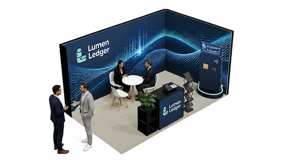 Stoisko 5 × 3 m narożne prawe dla branży płatności online, przykładowa marka Lumen Ledger