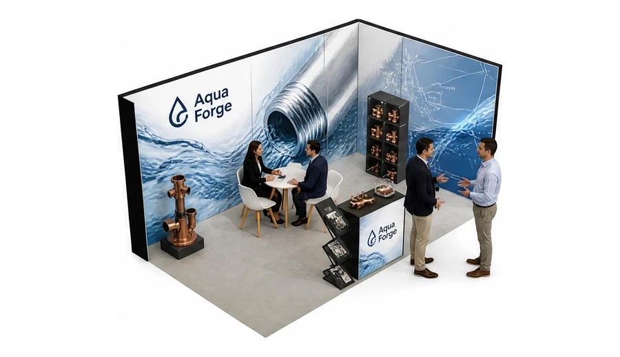Stoisko 5 × 3 m narożne prawe dla branży instalacje wodno-kanalizacyjne, przykładowa marka Aqua Forge