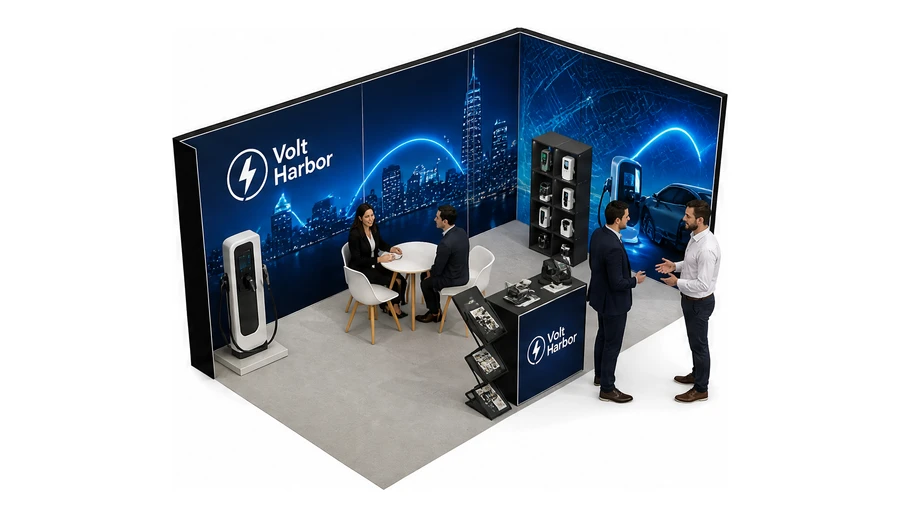 Stoisko 5 × 3 m narożne prawe dla branży elektromobilność i ładowarki, przykładowa marka Volt Harbor