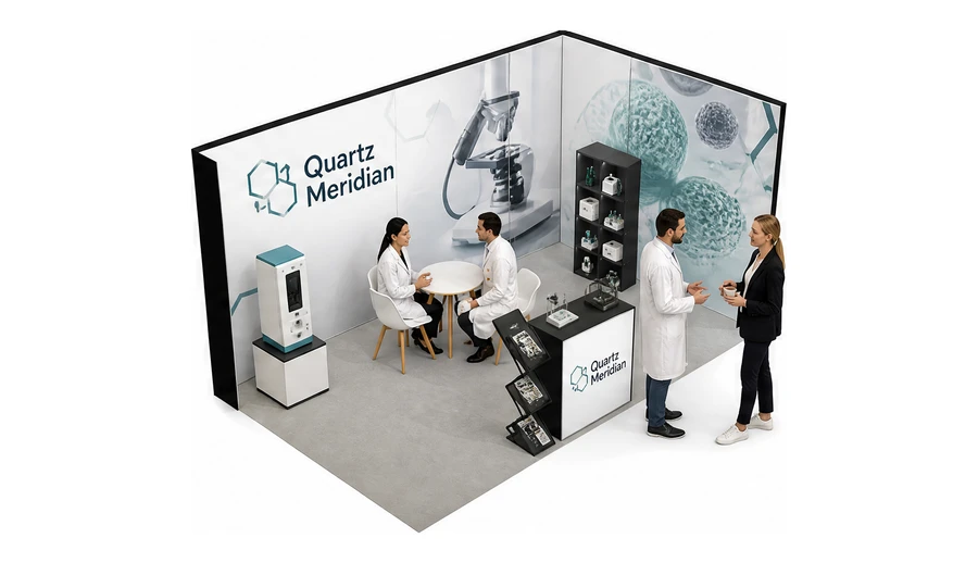 Stoisko 5 × 3 m narożne prawe dla branży sprzęt laboratoryjny, przykładowa marka Quartz Meridian