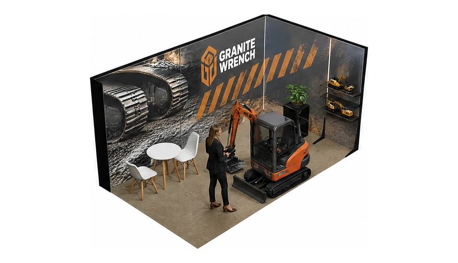 Stoisko 5 × 3 m narożne prawe dla branży maszyny budowlane, przykładowa marka Granite Wrench