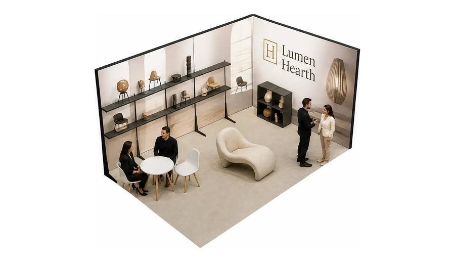 Stoisko 5 × 3 m narożne prawe dla branży meble designerskie, przykładowa marka Lumen Hearth