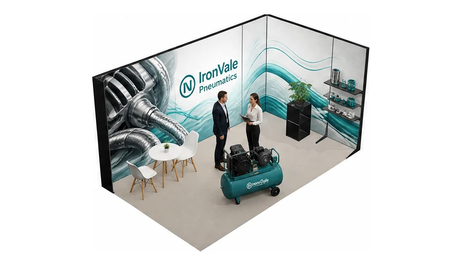 Stoisko 5 × 3 m narożne prawe dla branży pneumatyka i sprężone powietrze, przykładowa marka IronVale Pneumatics