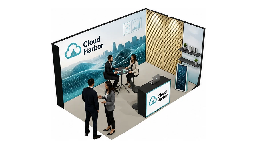 Stoisko 5 × 3 m narożne prawe dla branży oprogramowanie dla firm, przykładowa marka Cloud Harbor