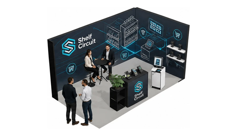 Stoisko 5 × 3 m narożne prawe dla branży technologie dla handlu, przykładowa marka Shelf Circuit