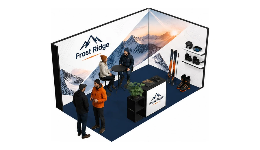 Stoisko 5 × 3 m narożne prawe dla branży narciarstwo i sporty zimowe, przykładowa marka Frost Ridge