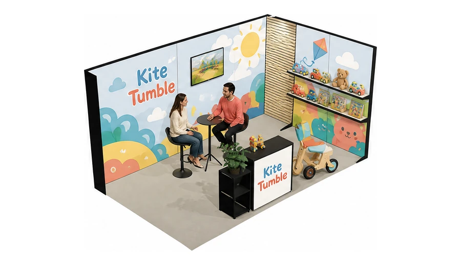 Stoisko 5 × 3 m narożne prawe dla branży zabawki i artykuły dziecięce, przykładowa marka Kite Tumble