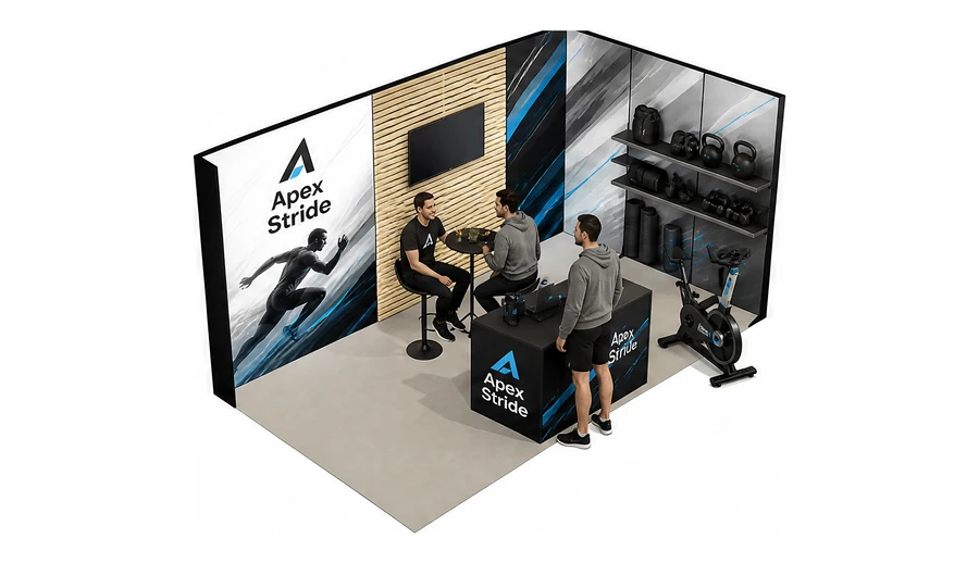 Stoisko 5 × 3 m narożne prawe dla branży sprzęt sportowy, przykładowa marka Apex Stride