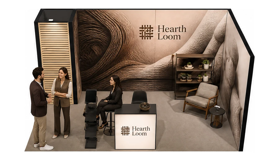 Stoisko 5 × 3 m narożne prawe dla branży meble designerskie, przykładowa marka Hearth Loom