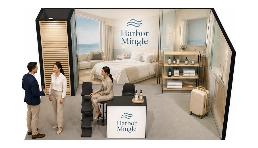 Stoisko 5 × 3 m narożne prawe dla branży wyposażenie hoteli, przykładowa marka Harbor Mingle