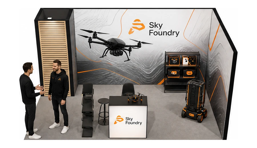 Stoisko 5 × 3 m narożne prawe dla branży drony i robotyka, przykładowa marka Sky Foundry