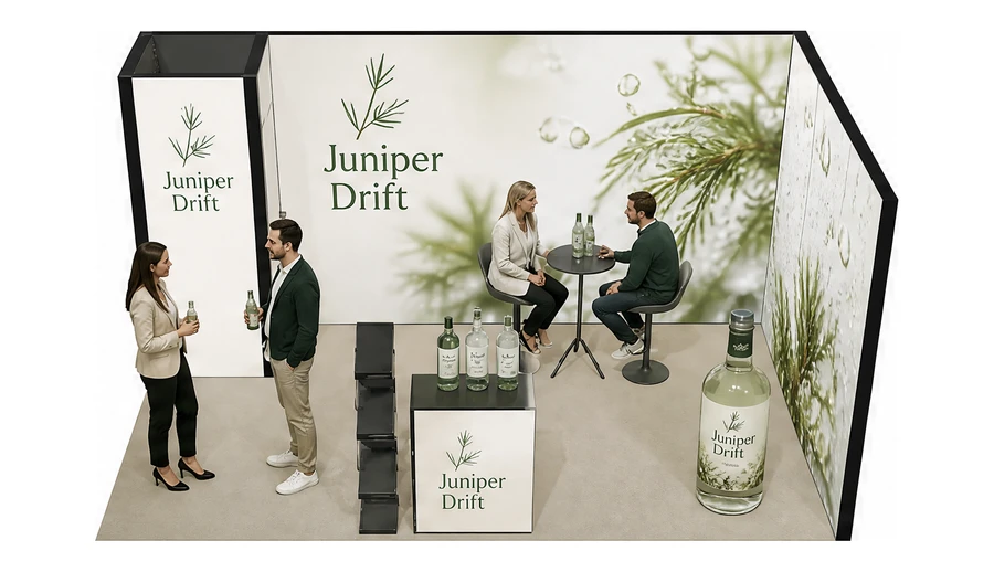 Stoisko 5 × 3 m narożne prawe dla branży napoje, przykładowa marka Juniper Drift