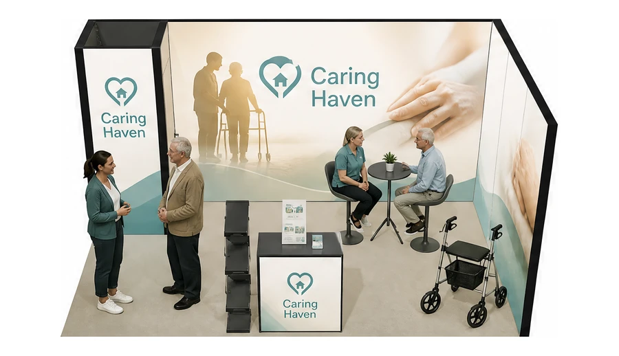 Stoisko 5 × 3 m narożne prawe dla branży opieka senioralna, przykładowa marka Caring Haven