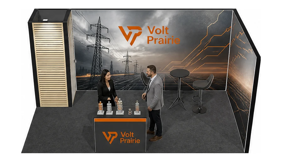 Stoisko 5 × 3 m narożne prawe dla branży energetyka i sieci, przykładowa marka Volt Prairie