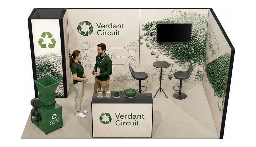 Stoisko 5 × 3 m narożne prawe dla branży recykling i ochrona środowiska, przykładowa marka Verdant Circuit