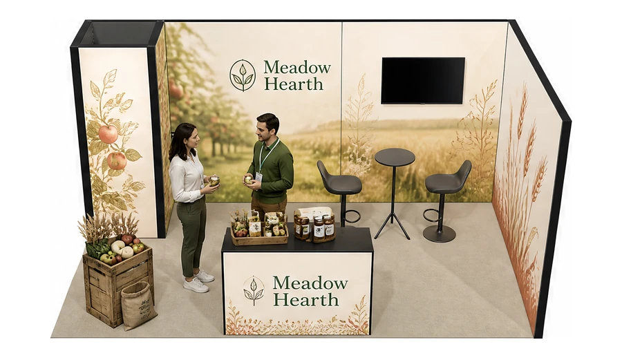 Stoisko 5 × 3 m narożne prawe dla branży żywność ekologiczna, przykładowa marka Meadow Hearth
