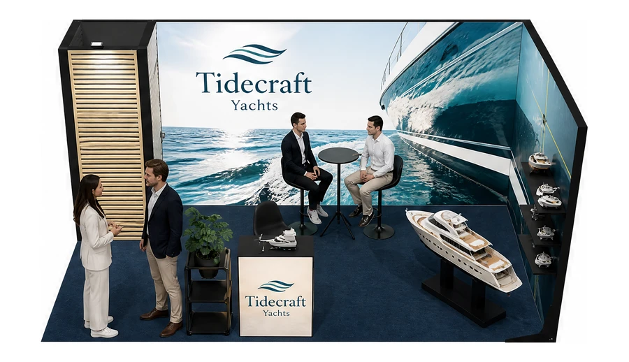 Stoisko 5 × 3 m narożne prawe dla branży jachty i łodzie, przykładowa marka Tidecraft Yachts