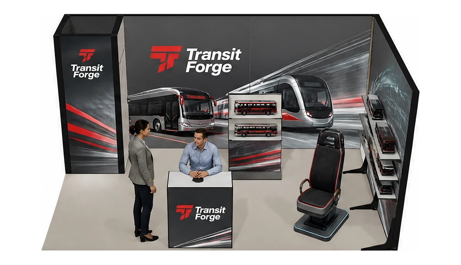 Stoisko 5 × 3 m narożne prawe dla branży autobusy i transport zbiorowy, przykładowa marka Transit Forge