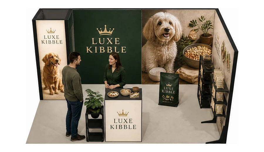 Stoisko 5 × 3 m narożne prawe dla branży karma dla zwierząt, przykładowa marka Luxe Kibble