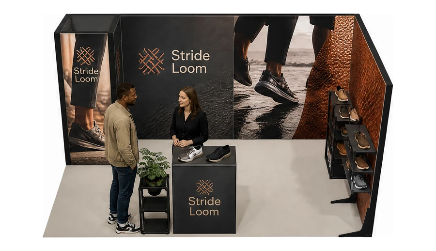 Stoisko 5 × 3 m narożne prawe dla branży obuwie, przykładowa marka Stride Loom