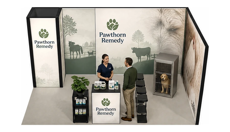 Stoisko 5 × 3 m narożne prawe dla branży weterynaria, przykładowa marka Pawthorn Remedy