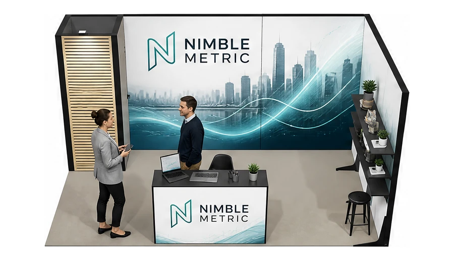 Stoisko 5 × 3 m narożne prawe dla branży oprogramowanie dla firm, przykładowa marka Nimble Metric