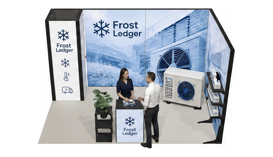 Stoisko 5 × 3 m narożne prawe dla branży łańcuch chłodniczy, przykładowa marka Frost Ledger