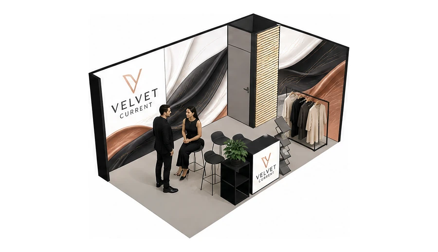 Stoisko 5 × 3 m narożne prawe dla branży odzież i moda, przykładowa marka Velvet Current
