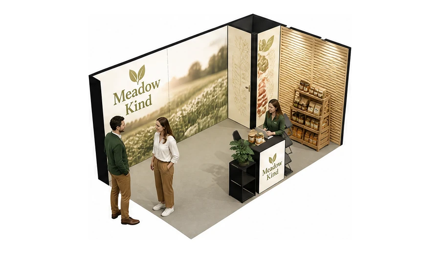 Stoisko 5 × 3 m narożne prawe dla branży żywność ekologiczna, przykładowa marka Meadow Kind