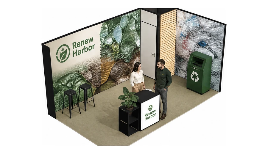 Stoisko 5 × 3 m narożne prawe dla branży recykling i ochrona środowiska, przykładowa marka Renew Harbor