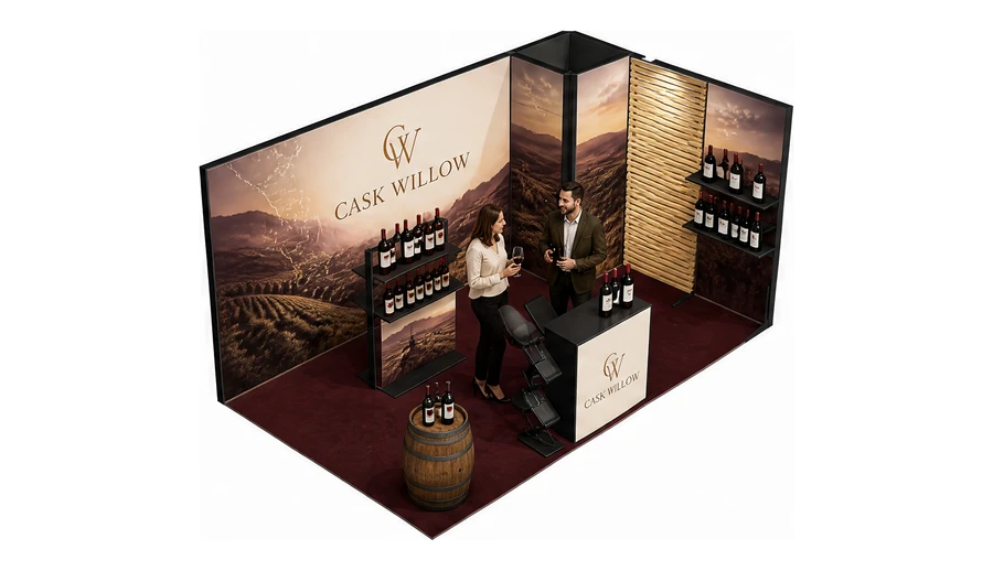 Stoisko 5 × 3 m narożne prawe dla branży winnica, przykładowa marka Cask Willow