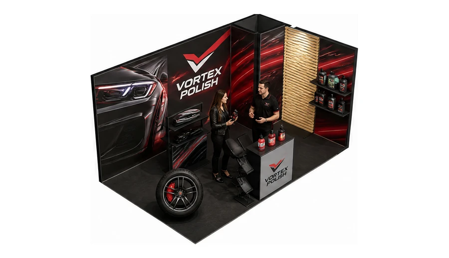 Stoisko 5 × 3 m narożne prawe dla branży tuning i detailing, przykładowa marka Vortex Polish