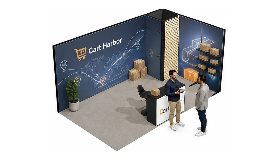 Stoisko 5 × 3 m narożne prawe dla branży e-commerce, przykładowa marka Cart Harbor