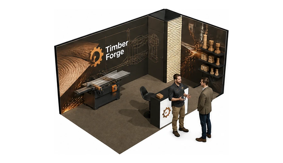 Stoisko 5 × 3 m narożne prawe dla branży maszyny do obróbki drewna, przykładowa marka Timber Forge