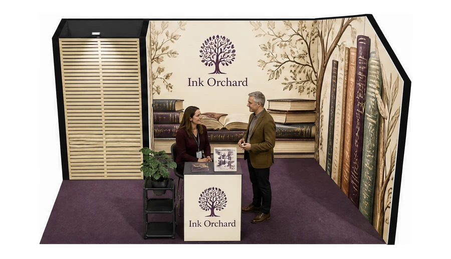 Stoisko 5 × 3 m narożne prawe dla branży wydawnictwa, przykładowa marka Ink Orchard