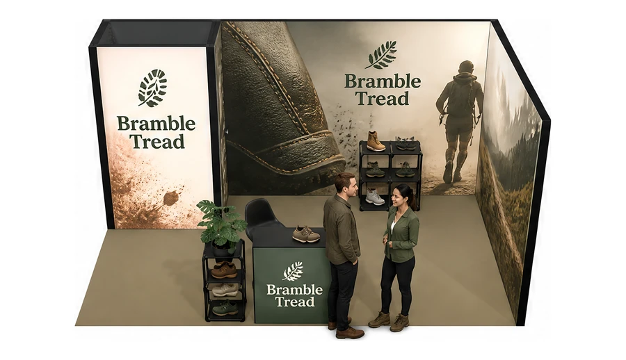 Stoisko 5 × 3 m narożne prawe dla branży obuwie, przykładowa marka Bramble Tread