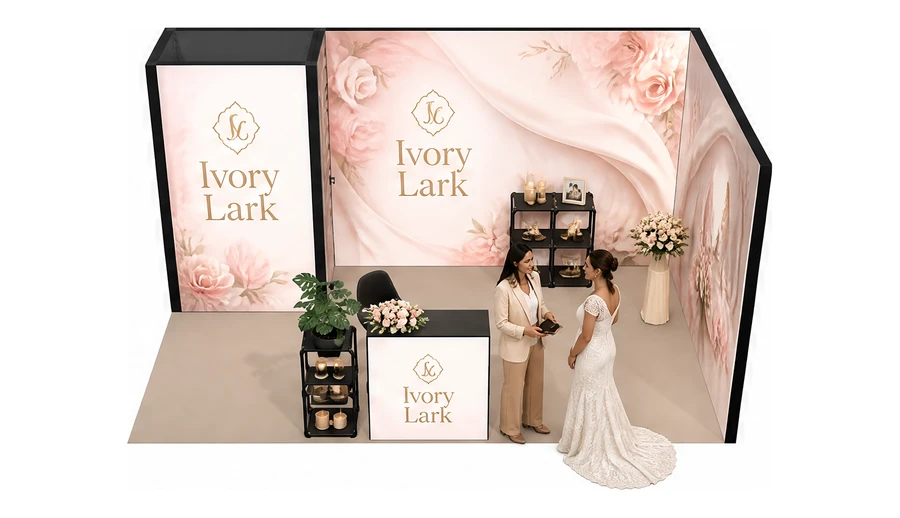 Stoisko 5 × 3 m narożne prawe dla branży branża ślubna, przykładowa marka Ivory Lark