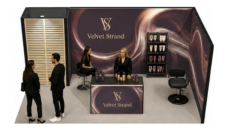 Stoisko 5 × 3 m narożne prawe dla branży fryzjerstwo i salony beauty, przykładowa marka Velvet Strand