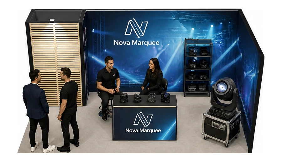 Stoisko 5 × 3 m narożne prawe dla branży branża eventowa, przykładowa marka Nova Marquee