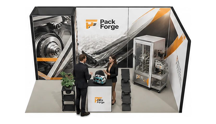 Stoisko 5 × 3 m narożne prawe dla branży maszyny pakujące, przykładowa marka Pack Forge