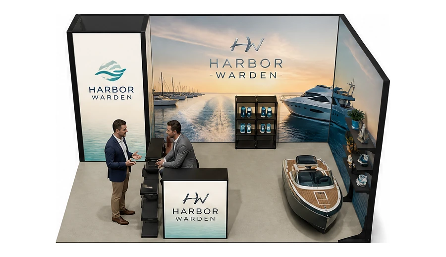 Stoisko 5 × 3 m narożne prawe dla branży jachty i łodzie, przykładowa marka Harbor Warden