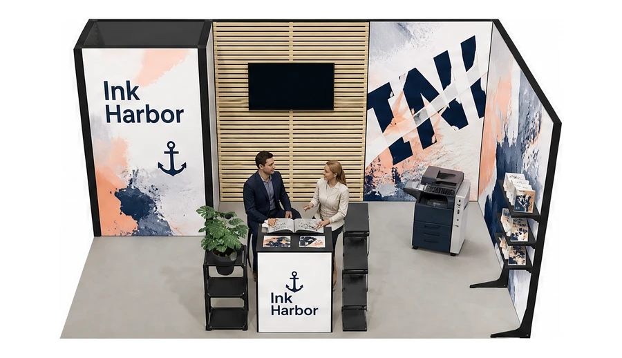 Stoisko 5 × 3 m narożne prawe dla branży reklama i druk, przykładowa marka Ink Harbor