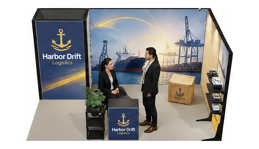 Stoisko 5 × 3 m narożne prawe dla branży logistyka i spedycja, przykładowa marka Harbor Drift Logistics