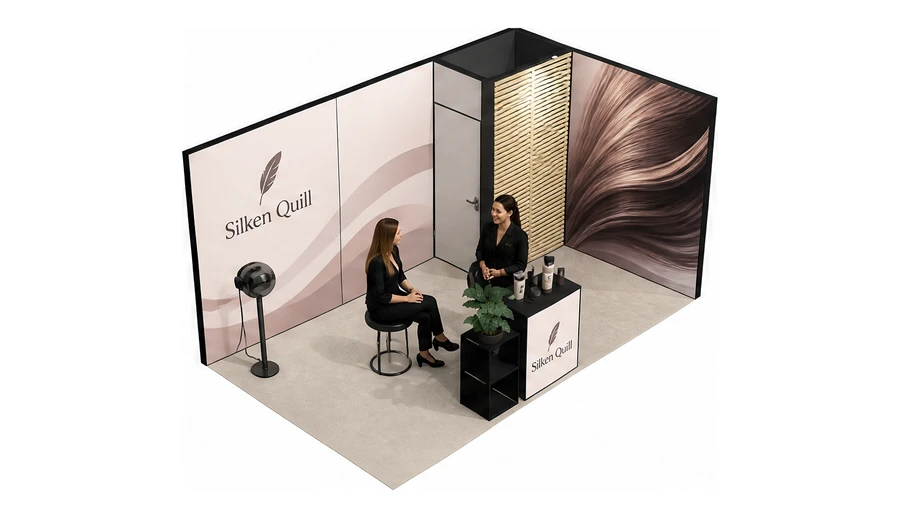 Stoisko 5 × 3 m narożne prawe dla branży fryzjerstwo i salony beauty, przykładowa marka Silken Quill