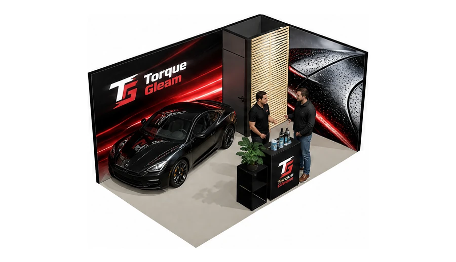 Stoisko 5 × 3 m narożne prawe dla branży tuning i detailing, przykładowa marka Torque Gleam