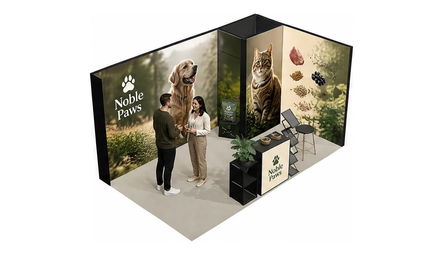 Stoisko 5 × 3 m narożne prawe dla branży karma dla zwierząt, przykładowa marka Noble Paws
