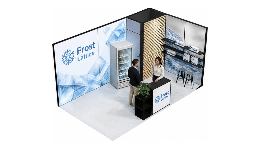 Stoisko 5 × 3 m narożne prawe dla branży łańcuch chłodniczy, przykładowa marka Frost Lattice