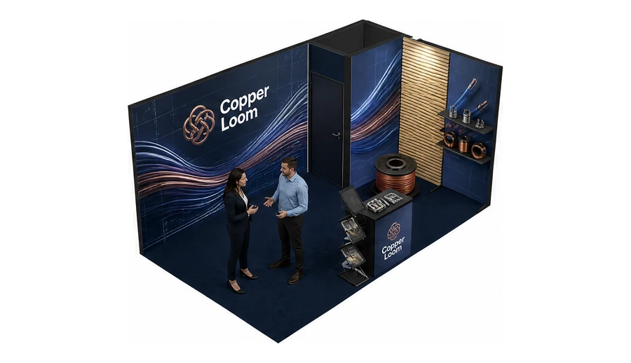 Stoisko 5 × 3 m narożne prawe dla branży kable i elektrotechnika, przykładowa marka Copper Loom