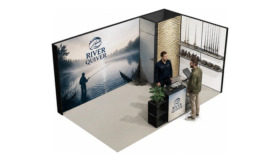 Stoisko 5 × 3 m narożne prawe dla branży wędkarstwo, przykładowa marka River Quiver