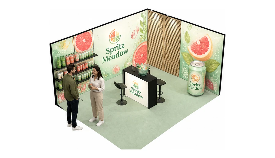 Stoisko 5 × 4 m narożne prawe dla branży napoje, przykładowa marka Spritz Meadow